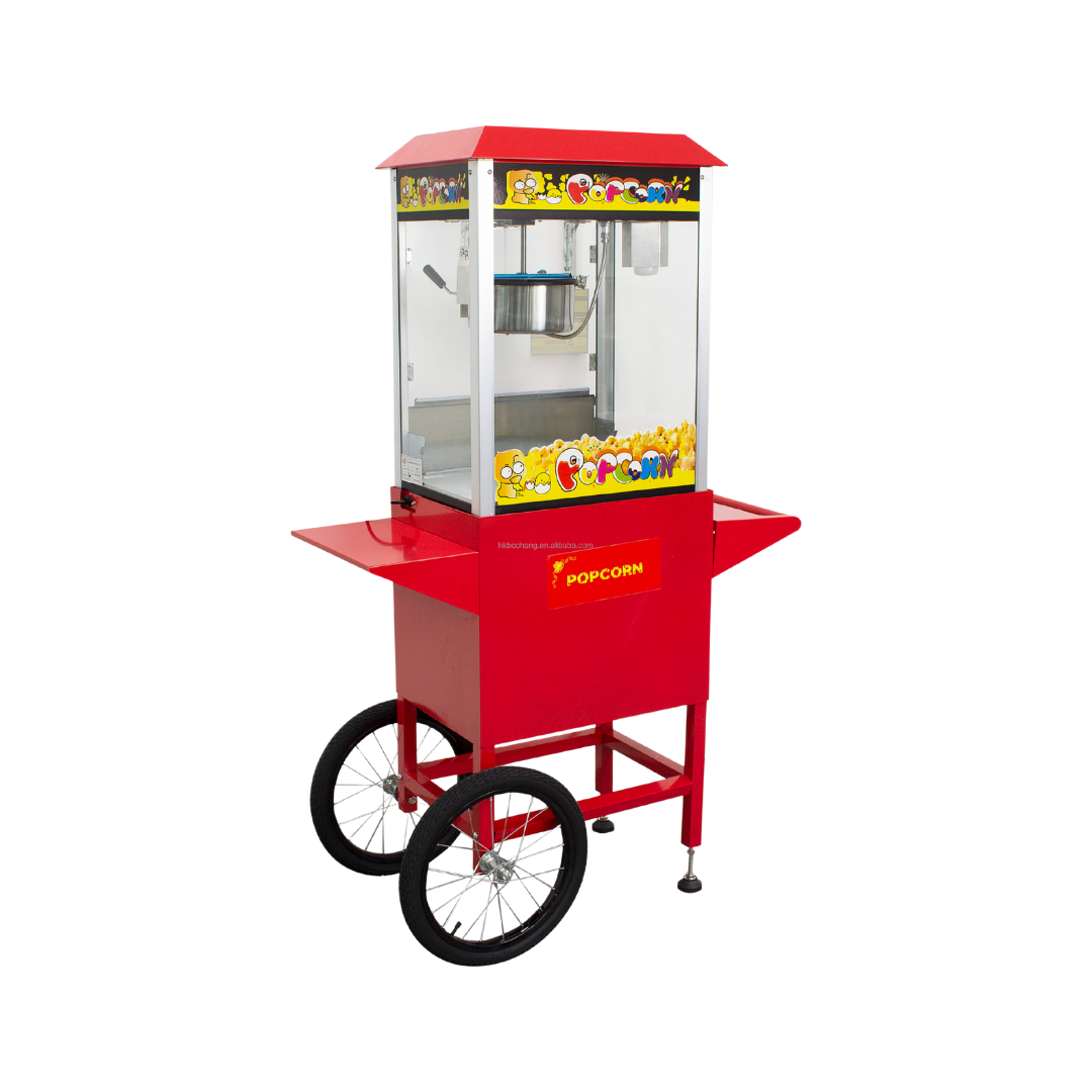 Professionele rode popcornmachine op wagen met glazen behuizing – feestelijke party extra voor evenementen en feesten op locatie
