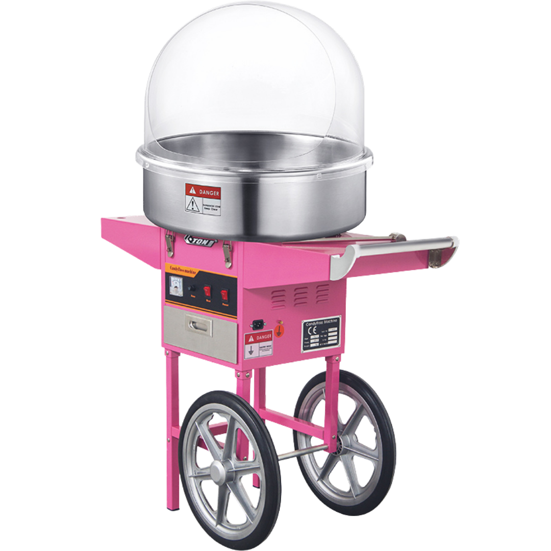 Professionele suikerspinmachine op onderstel met beschermkap – ideale party extra voor elk type feest of evenement"